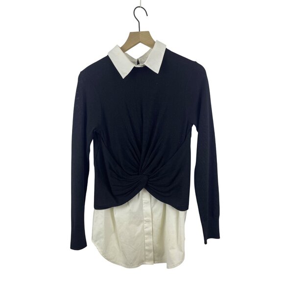 Veronica Beard Sweaters - Veronica Beard Women's Small Phoebe Mixed Media Wool Twofer Layered Shirt Black